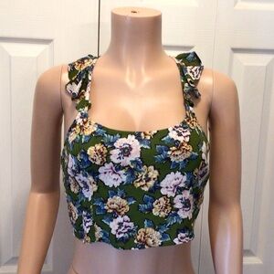 Live To Be Spoiled Juniors Green Floral Ruffle Strap Smocked Crop Top Size L